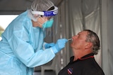 A man in a black shirt is being nasal swabbed by a nurse in full PPE
