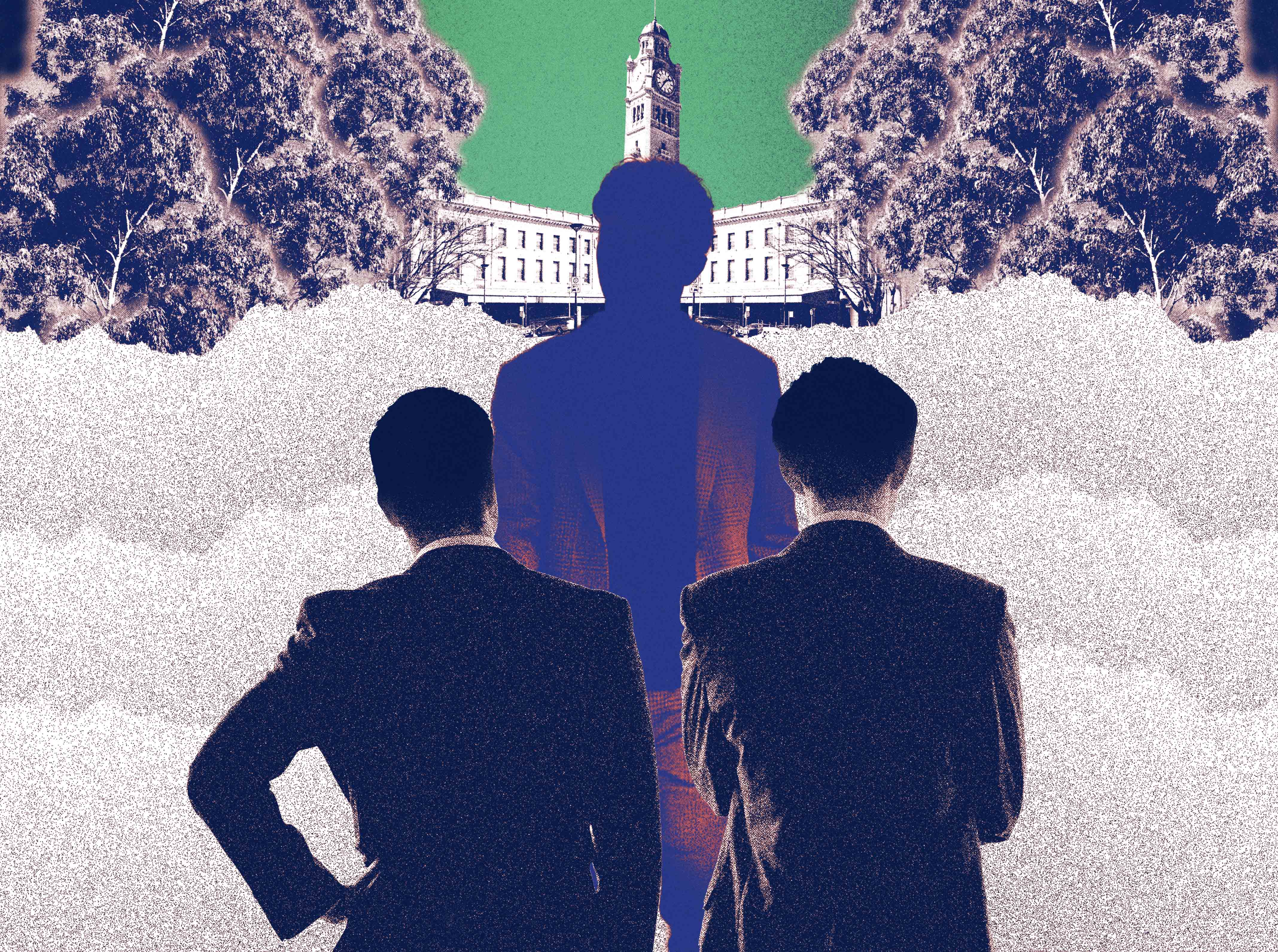 An illustration of three men outside a train station.