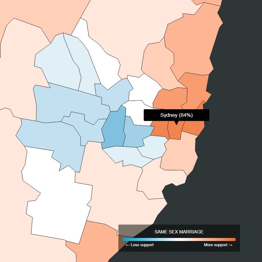 A map shows SSM support in the seat of Sydney is 84 per cent but in the west a number of seats voted 'no'.