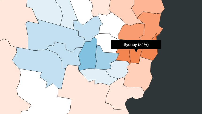 A map shows SSM support in the seat of Sydney is 84 per cent but in the west a number of seats voted 'no'.