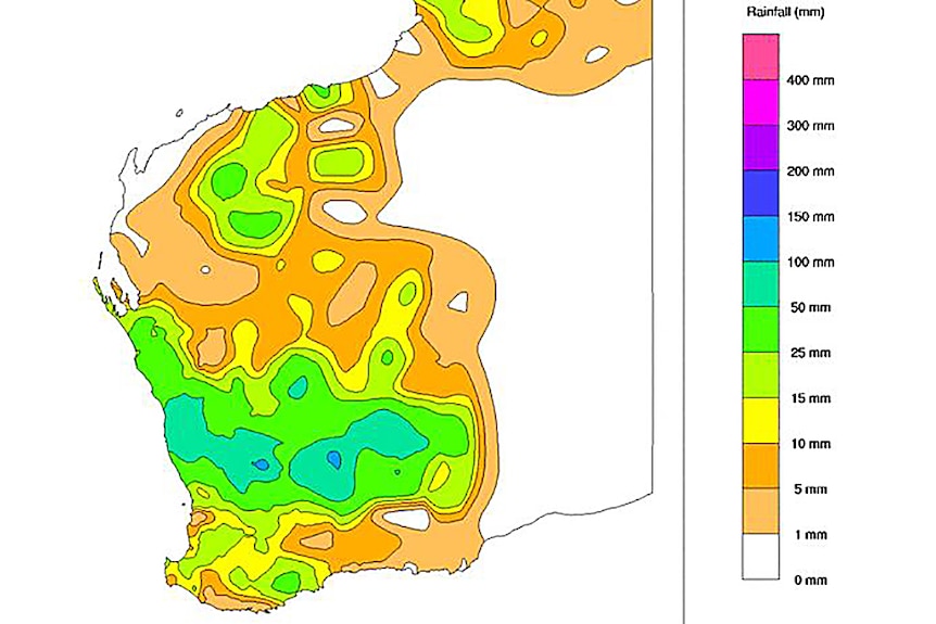 A map of WA with orange, yellow and green sections showing rainfall levels.