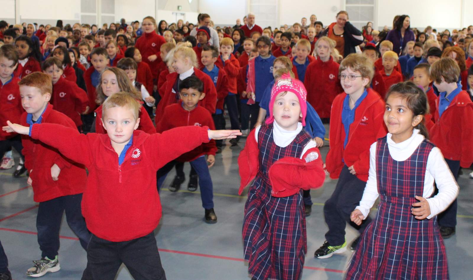 Students at Harrison School taking part in an exercise class at the launch of the 2015 Active Kids Challenge.