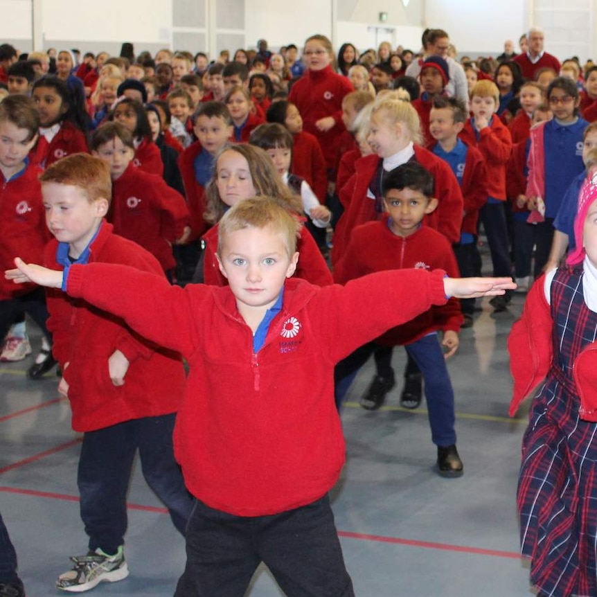 Students at Harrison School taking part in an exercise class at the launch of the 2015 Active Kids Challenge.