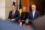Treasurer Jim Chalmers, Finance Minister Katy Gallagher and Prime Minister Anthony Albanese in the courtyard at Parliament House