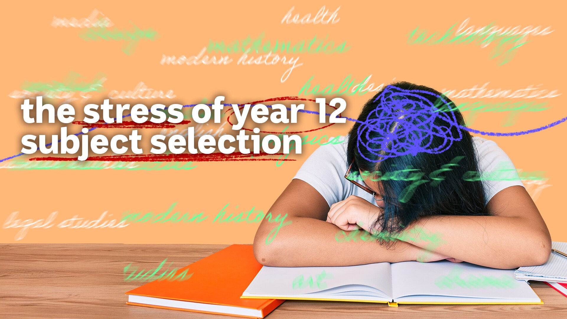 A student at a desk, head and folded arms over their books. A squiggly line over their head illustrates the anxiety.
