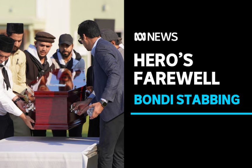 Hero's Farewell, Bondi Stabbing: A group of men lower a coffin onto a table with a white cloth.
