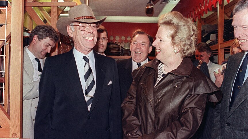 Margaret Thatcher and husband Denis during a visit to Perth, Australia, in 1988.