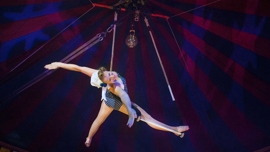 Adie Delaney hangs from a trapeze in the air.