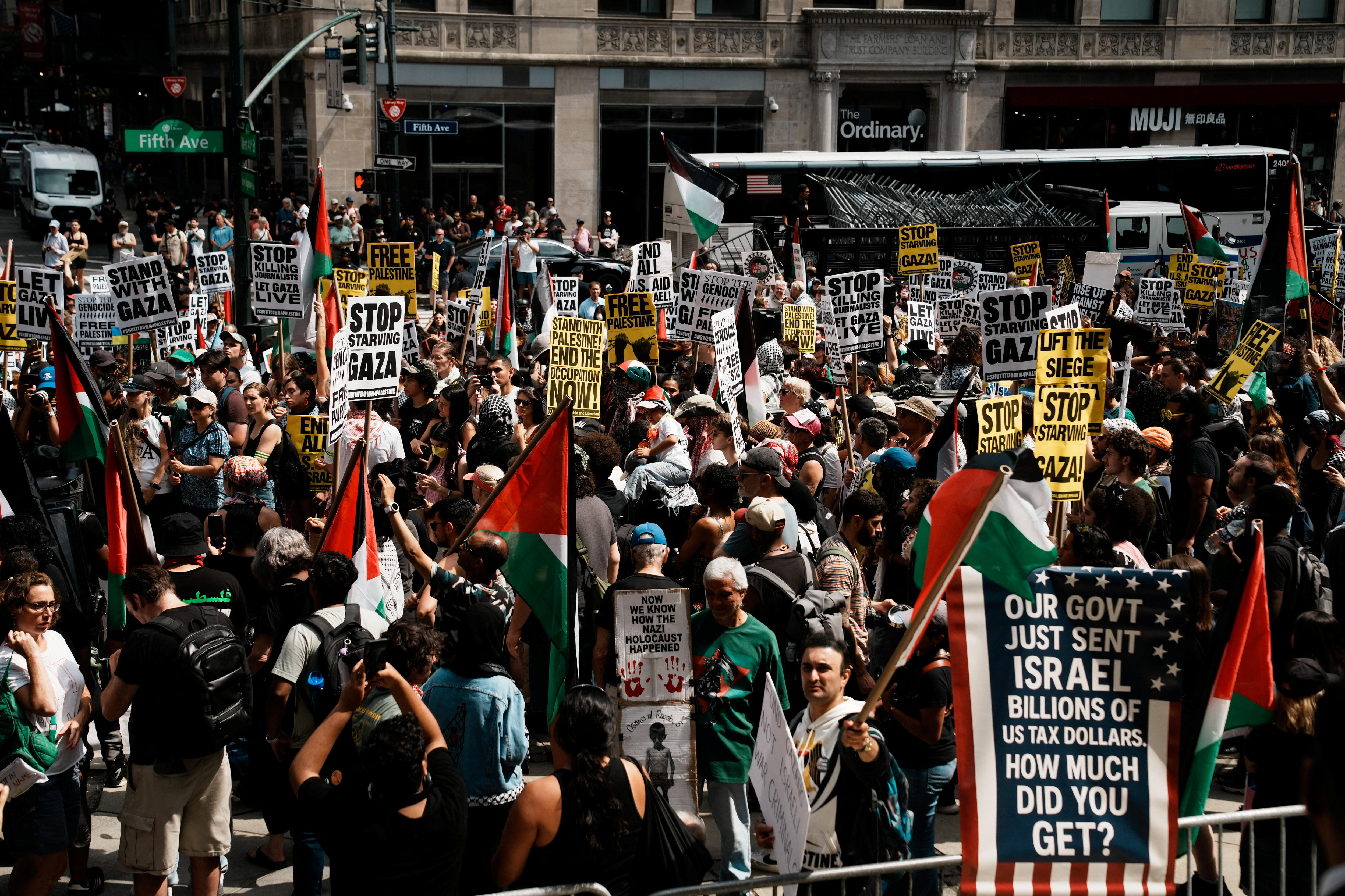 People in a large group protest in New York, holding signs in support of Palestine