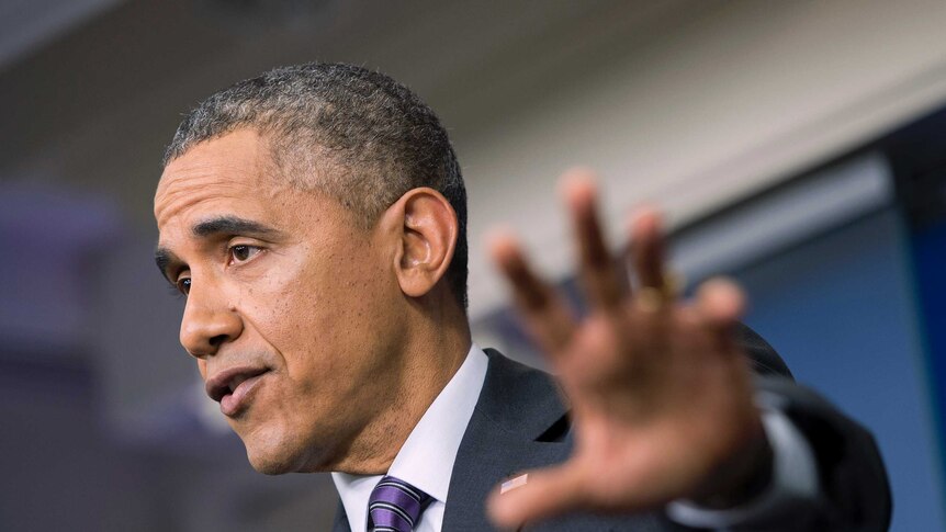 US president Barack Obama at press conference after Ukraine deal