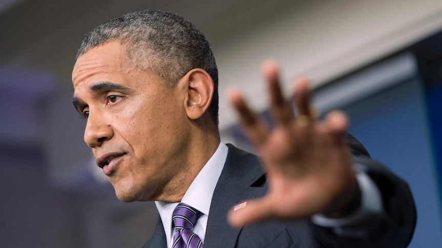 US president Barack Obama at press conference after Ukraine deal