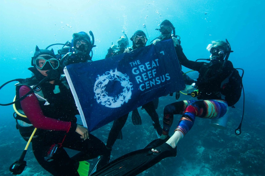 A group of people underwater holding a sign