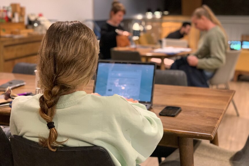 A photo taken from behind a girl sitting at a desk typing into a laptop with people sitting at tables working further afield