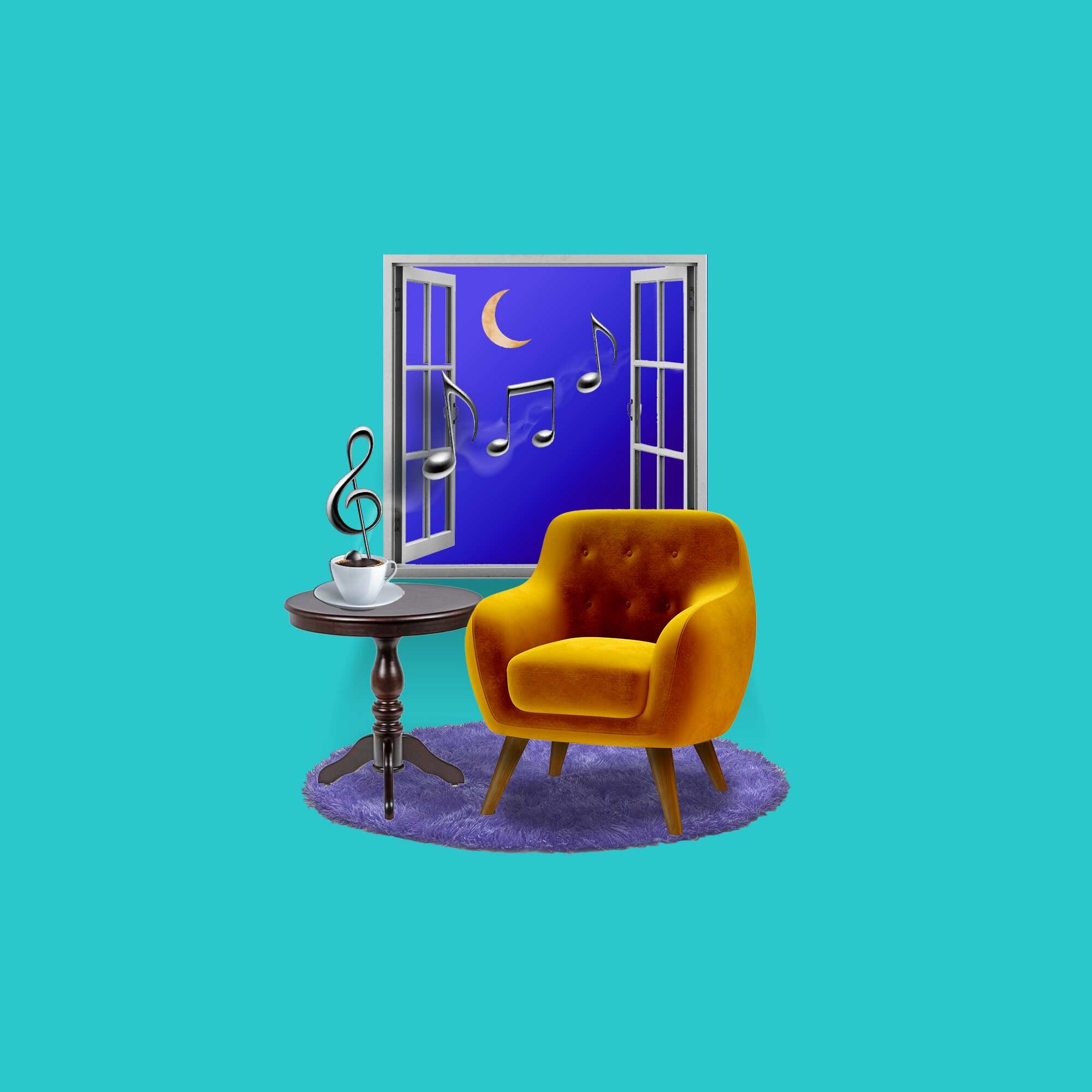 An illustration of a mustard armchair sitting in front of an open window. There's a moon and musical notes outside the window.