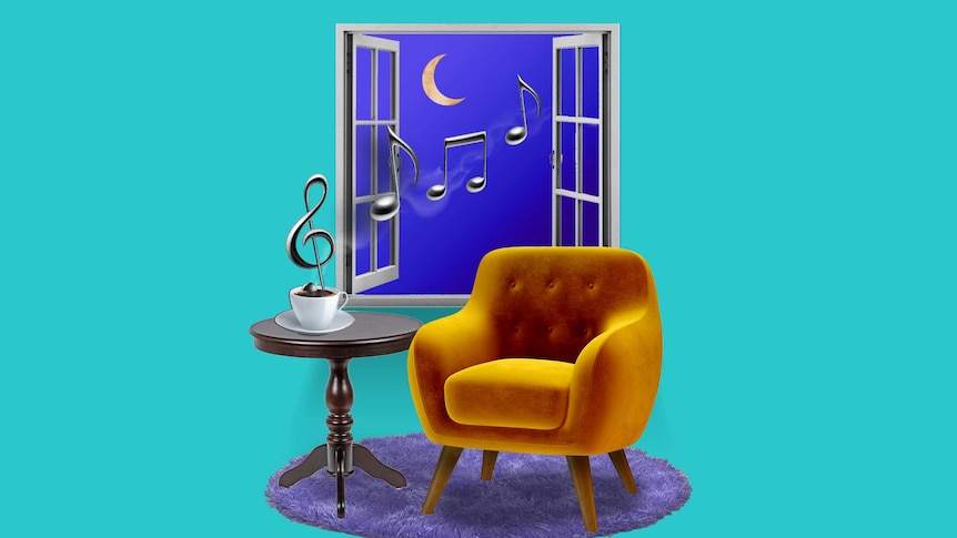 An illustration of a mustard armchair sitting in front of an open window. There's a moon and musical notes outside the window.