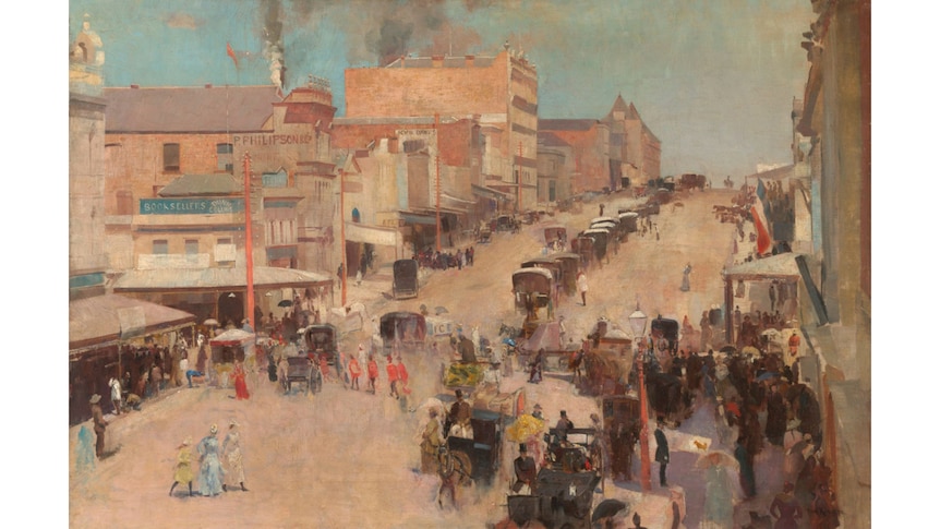 Painting titled  'Allegro con brio, Bourke Street west' c. 1885--86, by Tom Roberts