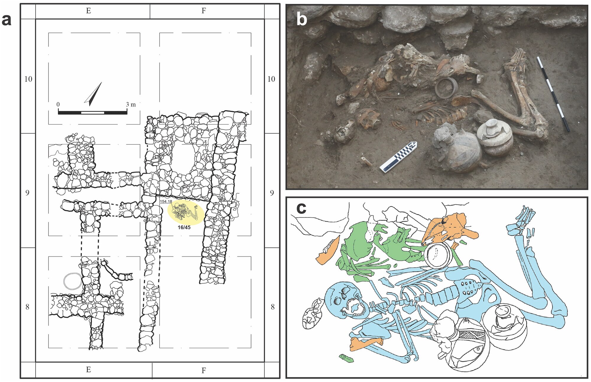 Collage of images showing the floorplan of a structure, an image of two skeletons in situ