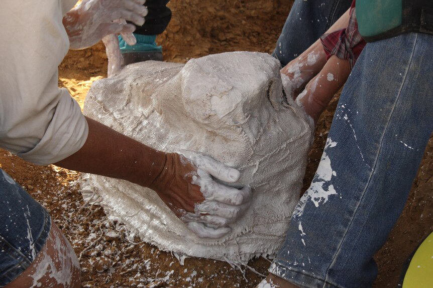 Hands applying white plaster to a rock. 
