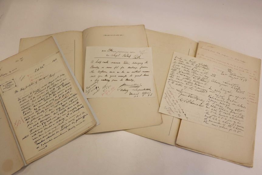 Three 19th century letters written to WA's Chief Protector of Aborigines sit side by side on a white table.