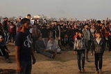 Protesters gather near the fence of Gaza Strip border with Israel during a protest east of Gaza City.