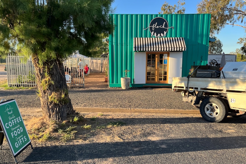 Flock cafe's exterior is a vibrant green. 