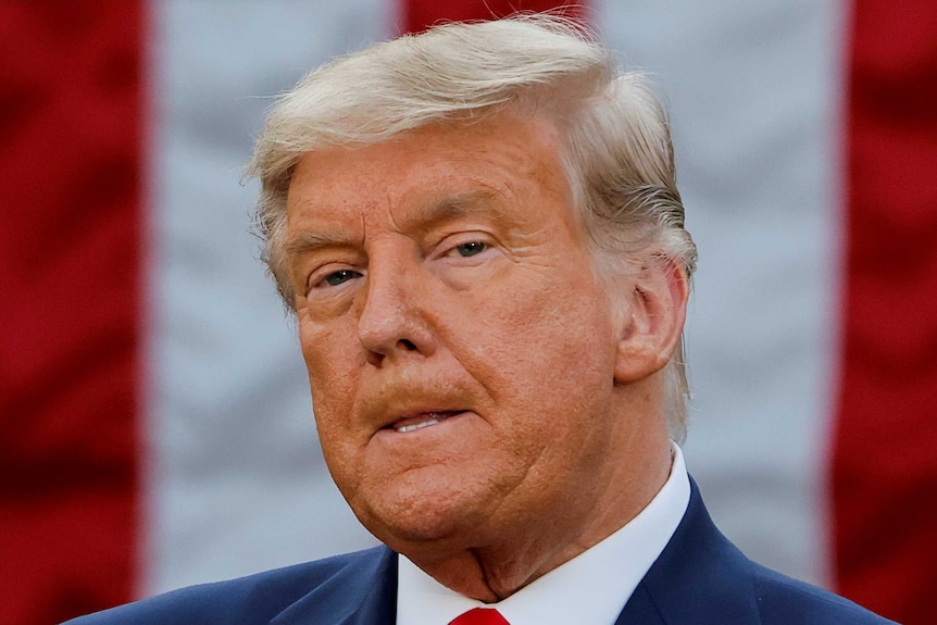 US President Donald Trump looks at the camera in front of an American flag