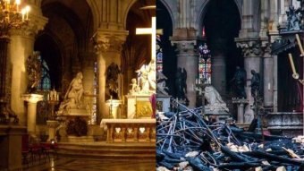 A composite shot of the Notre Dame altar showing it before and after the fire