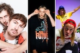 Peking Duk hugging each other; Alison Wonderland in black t-shirt; Dune Rats in yellow, white and green