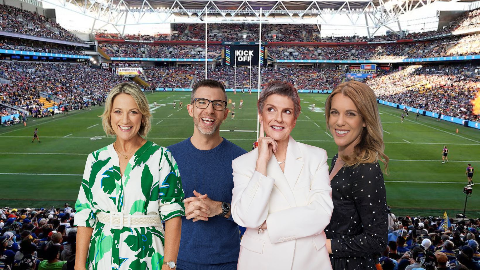 Four radio presenters stand in front of a packed stadium during a rugby league match at Magic Round