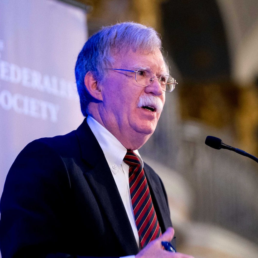 National Security Adviser John Bolton speaks at a Federalist Society luncheon