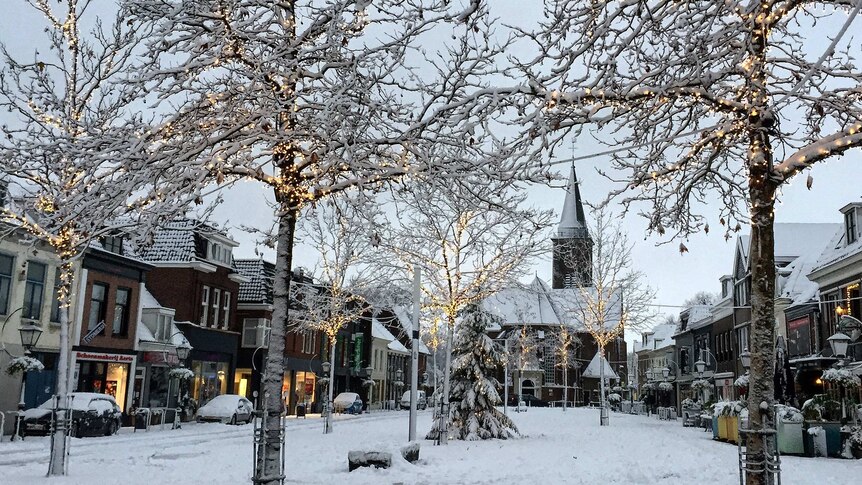 Snow covers roads, trees and buildings in the town of Breukelen.