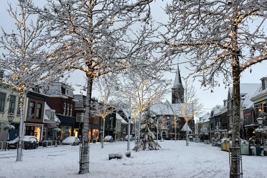 Snow covers roads, trees and buildings in the town of Breukelen.