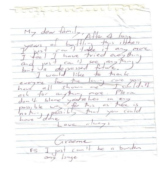 The draft note R U OK Day co-founder Graeme Cowan wrote in 2004 when he considered suicide.