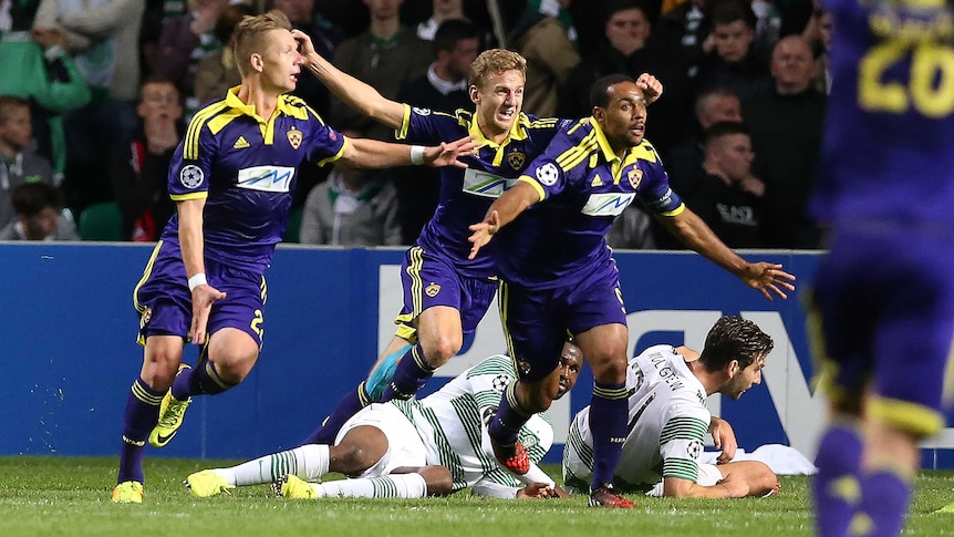 Morales Tavares celebrates a goal for Maribor against Celtic in the Champions League play-offs.