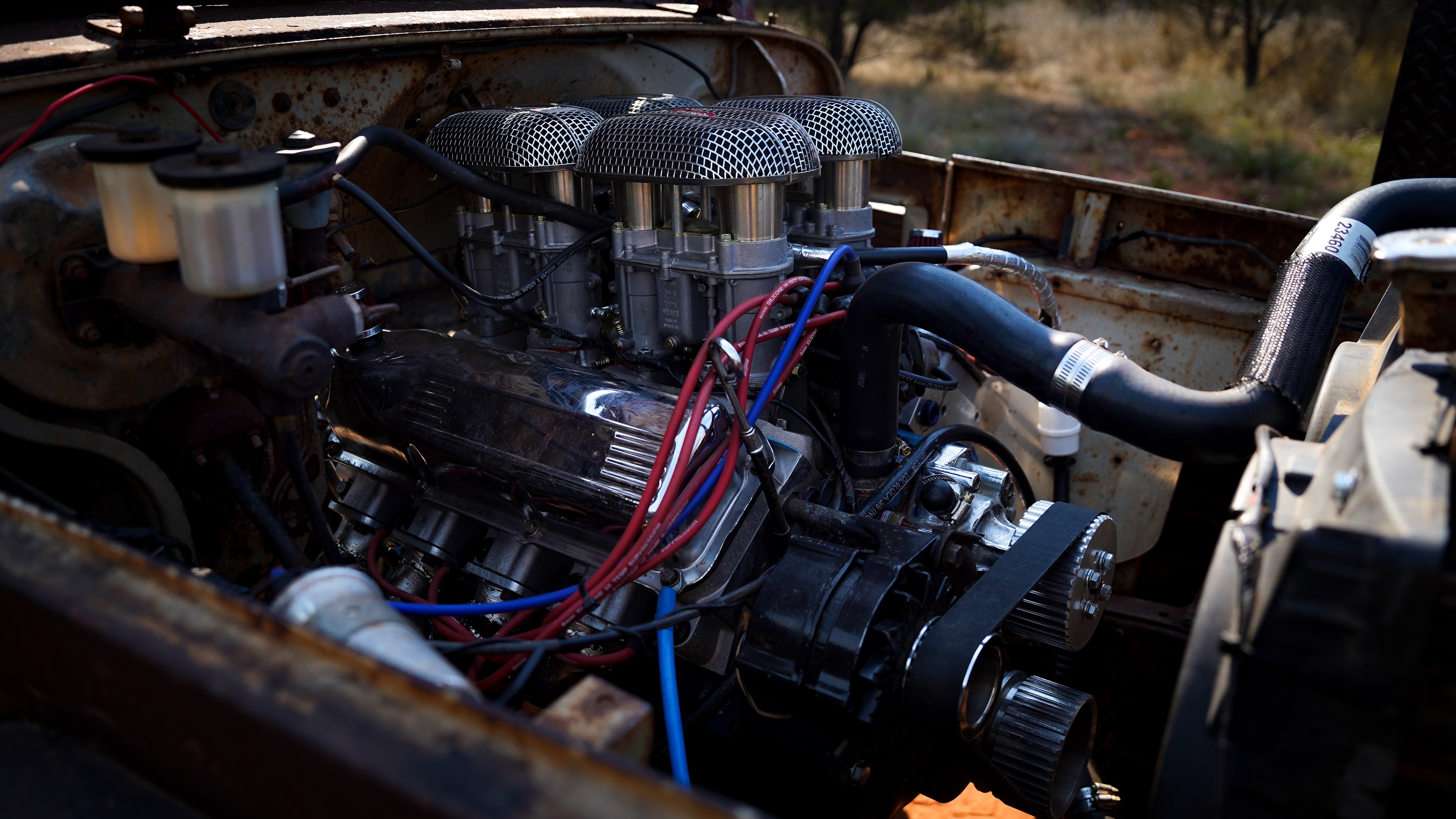 A close-up of the exposed engine in Warwick Thornton's bull catcher.