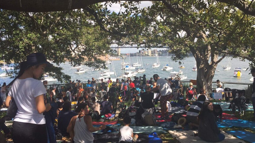 People lining the shore at Mrs Macquarie's chair to watch the New Years Eve ceremony.