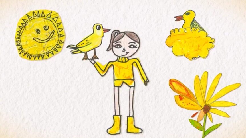 Animated image of a child wearing yellow surrounded by a yellow sun, yellow flowers and yellow birds