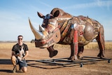 A man with his dog and a giant metal rhino.