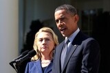 US president Barack Obama delivers a statement alongside secretary of state Hillary Clinton from the Rose Garden of the White House.