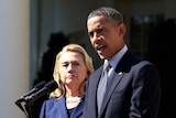 US president Barack Obama delivers a statement alongside secretary of state Hillary Clinton from the Rose Garden of the White House.