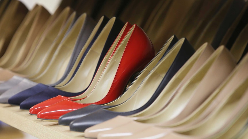 High heels on display in the Pretty Small Shoes store in Bloomsbury, London, Monday, March 6, 2017. Members of Parliament on Monday will debate banning mandatory workplace high heels, in response to a petition by a receptionist who was sent home for wearing flat shoes. The petition, which calls formal workplace dress codes "outdated and sexist," gathered more than 150,000 signatures, making it eligible for a non-binding debate in Parliament. (AP Photo/Tim Ireland)