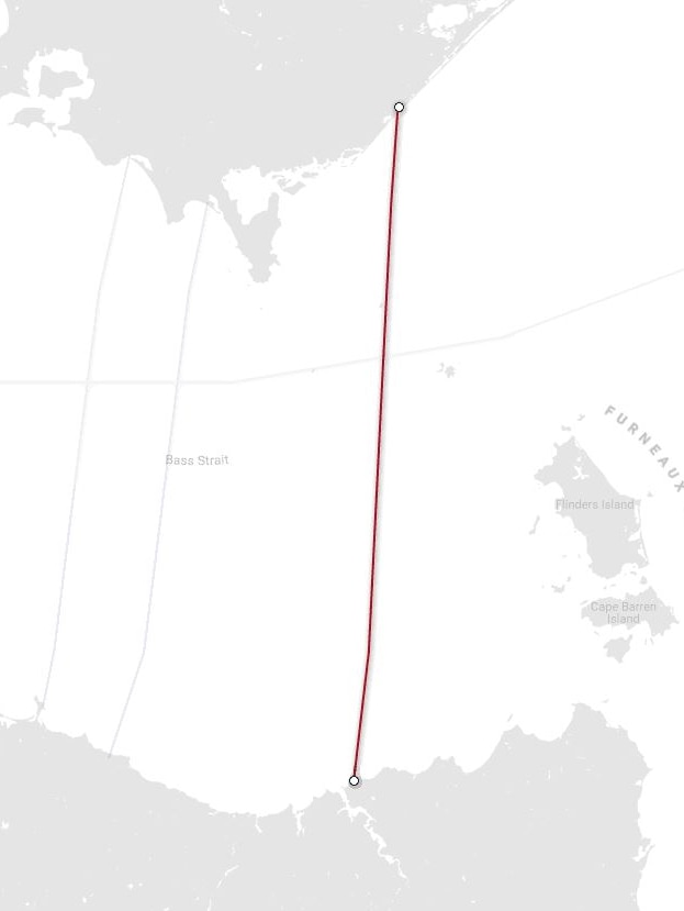 Map showing route of 298km-long Basslink Interconnector.
