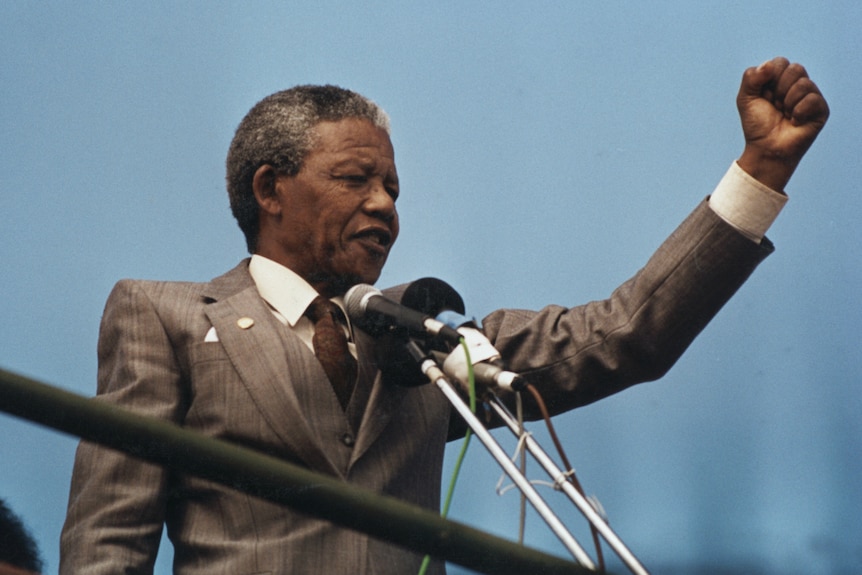 Nelson Mandela raises his fist to a crowd in Port Elizabeth.