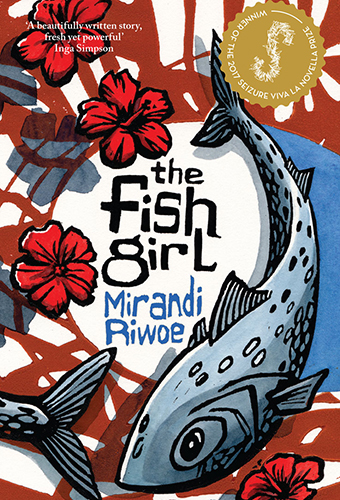 The cover art includes an illustrations of a silver fish and red frangipanis on a maroon, blue and white background.