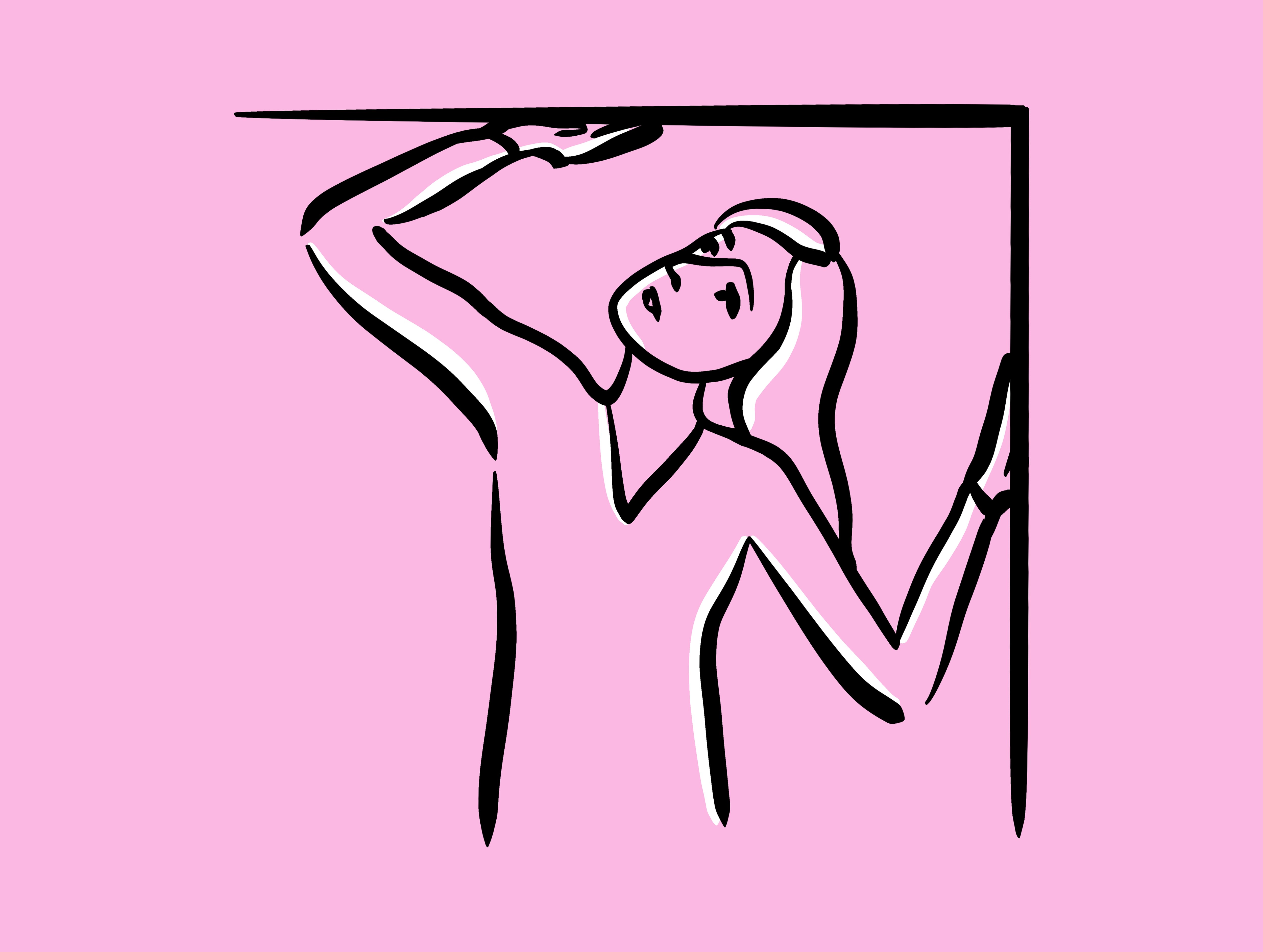 Black outline of woman with arms pressed up against the corner of two walls, against a pink background.