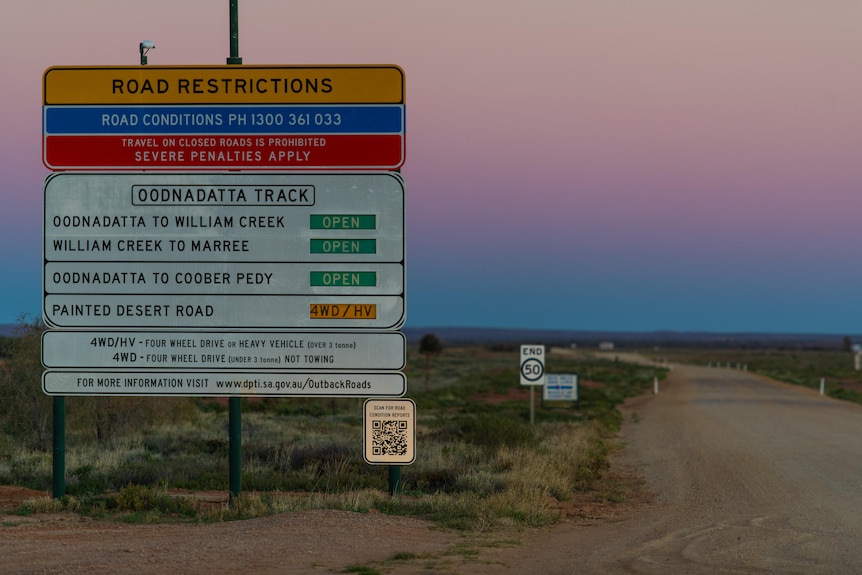 A sign outlining road restrictions on the Oodnadatta track