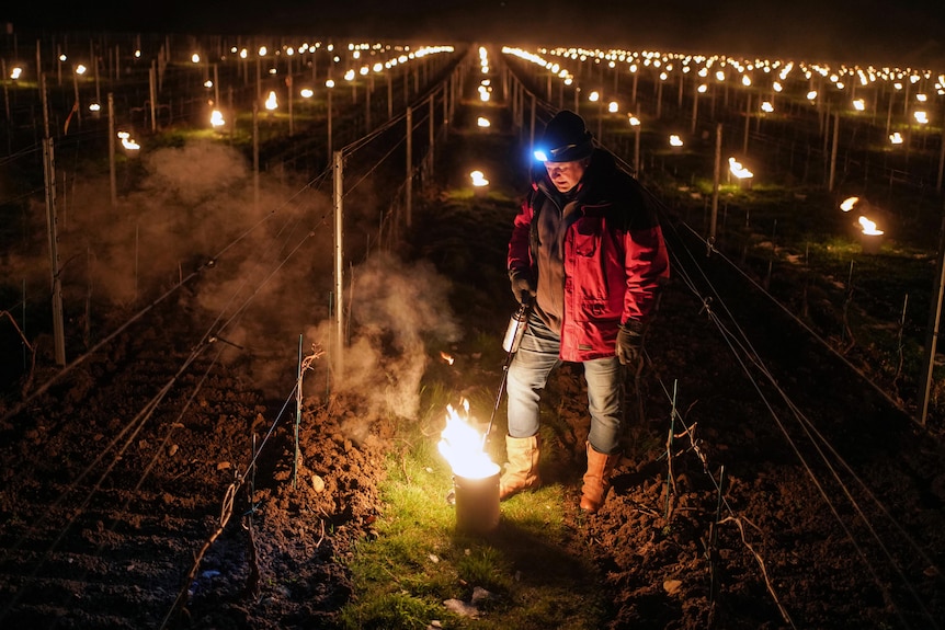  A man looks down at a fire, with rows upon rows of similar candles trailing off into the background