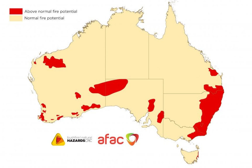 map of Australia with areas of above normal fire risk marked in the south