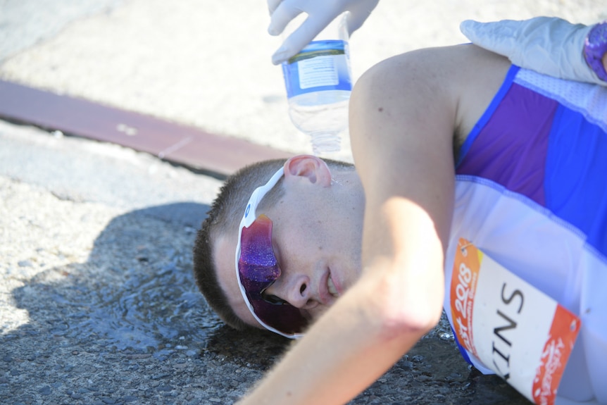 Callum Hawkins of Scotland as he collapses after being in the lead of the Men's Marathon Final.