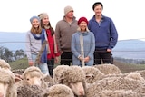 The Parsons family standing with their merino sheep on their Derwent Valley farm
